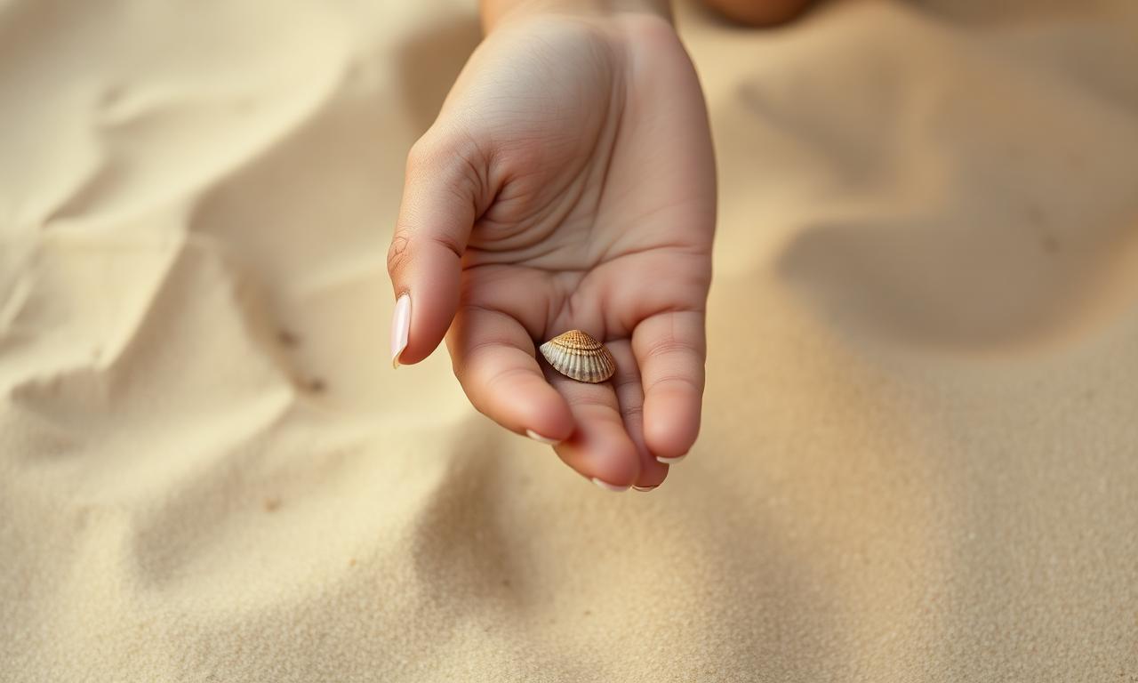 Una mano sosteniendo una pequeña concha en la arena, símbolo de presencia y cuidado